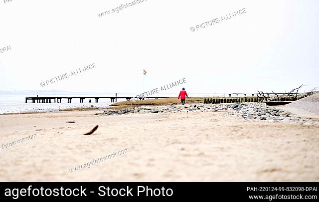 24 January 2022, Lower Saxony, Dangast: A walker walks along the beach in front of the Jade Bay in cloudy weather. Photo: Hauke-Christian Dittrich/dpa