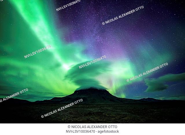 Aurora and stars over wasteland, Askja, Iceland