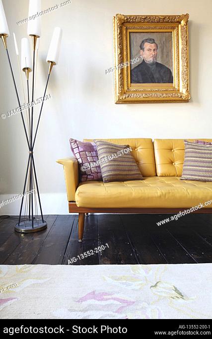 1950s mustard yellow leather sofa in elegant georgian sitting room | Architect: Peter Bell Architects | Designer: Dycella Cummings-Palmer