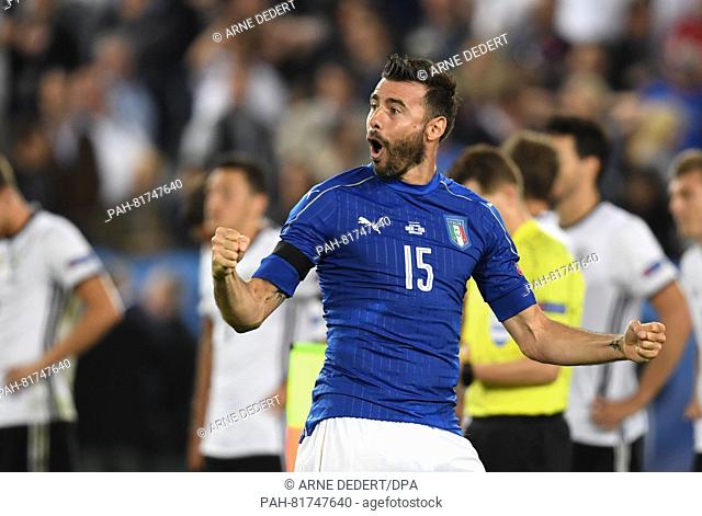 Italy's Andrea Barzagli cheers during penalty shoot-out during the UEFA EURO 2016 quarter final soccer match between Germany and Italy at the Stade de Bordeaux...