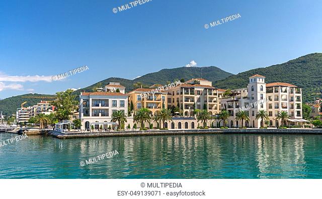 Tivat, Montenegro - 07.11.2018. Embankment of Tivat city, Montenegro, in a sunny summer day. The beginning of the cruise on the Bay of Kotor