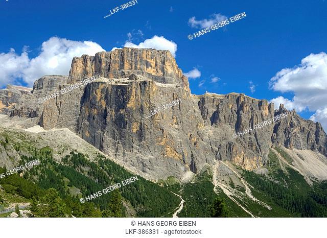 View of Sass Pordoi and Sella pass, Dolomites, Belluno, Italy, Europe