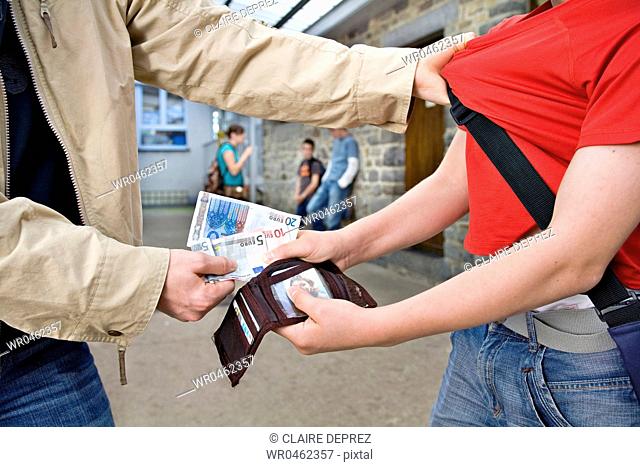 Mid section view of a teenage boy snatching Euro dollars from a wallet