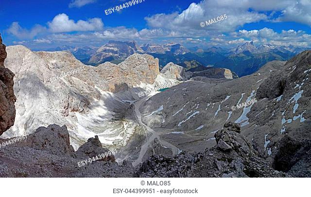View of from Catinaccio d'Antermoia summit, the highest mountain of Catinaccio group, Dolomites, Trentino, South Tyrol, Italy