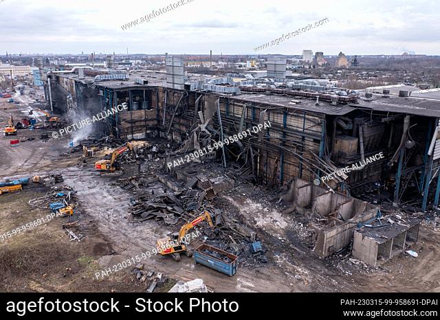 07 March 2023, Saxony, Leipzig: Demolition excavators get to work on the former Halberg Guss foundry. The foundry, which was built by Japanese in the 1980s