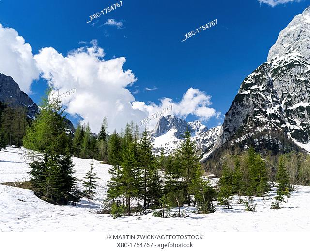 The Karwendel Mountain Range near Gramai in valley Falzthurntal during spring close to lake Achensee and the village of Pertisau Mount Lamsenspitze covered with...