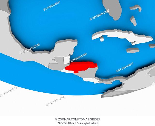 Honduras on 3D model of political globe. 3D illustration