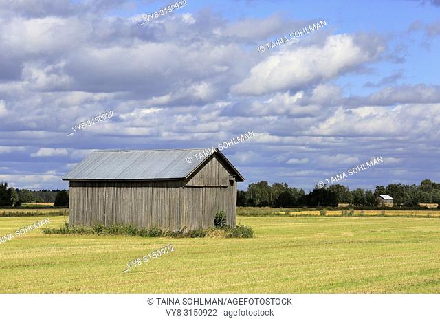 Grey wooden barn in harvested field in early autumn, with background agricultural scenery of blue sky, clouds and another barn. Ostrobothnia, Finland