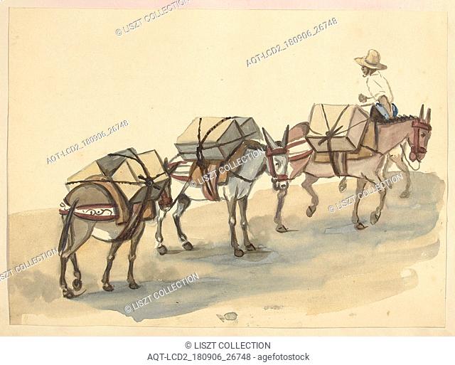 El Arriero, mules laden with cases of goods, led by a mulateer, Lima costumes, ca. 1853, Fierro, Pancho, 1803-1879, Smith, Archibald, M.D