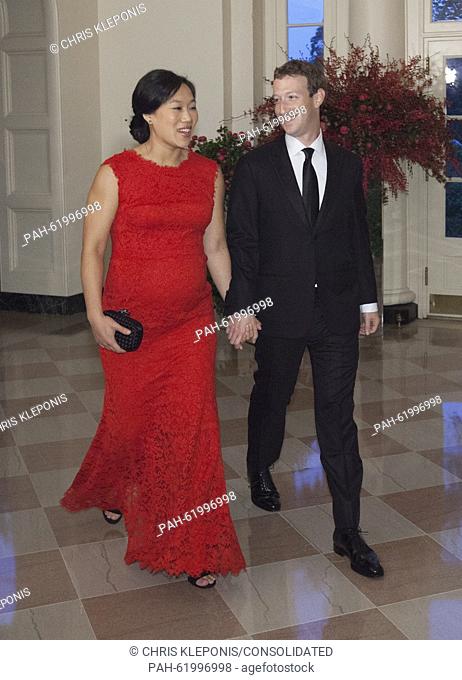 Mark Zuckerberg, Chairman and CEO, Facebook and Dr. Priscilla Chan arrive at the State Dinner for China's President President Xi and Madame Peng Liyuan at the...