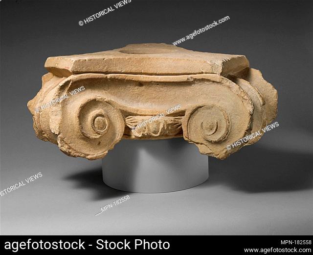 Limestone votive Ionic capital. Period: Hellenistic; Date: ca. 3rd-1st century B.C; Culture: Cypriot; Medium: Limestone; Dimensions: Overall: 10 1/8 x 27 3/4 x...