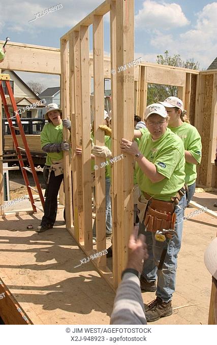 Detroit, Michigan - Women volunteers build a house for Habitat for Humanity, part of Habitat's Women Build program which promotes the involvement of women in...
