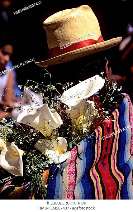 Peru, Cuzco province, Incas sacred valley, Chinchero, back of a flower seller on the market