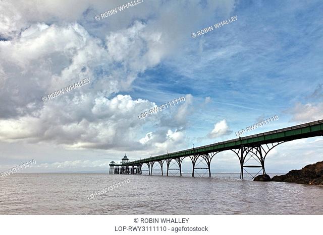 England, Somerset, Clevedon. Clevedon Pier, the only fully intact, Grade 1 listed pier in the country, stretching out into the River Severn estuary