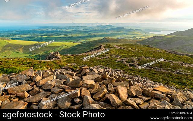 Welsh landscape on the Llyn Peninsula - view from Tre'r Ceiri towards Porth Y Nant, near Trefor, Gwynedd, Wales, UK