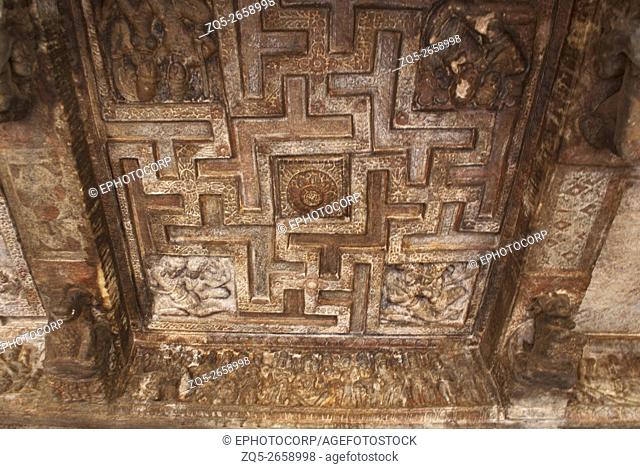Cave 2 : Ceiling showing a Swastika in a square frame. Badami Caves, Karnataka, India