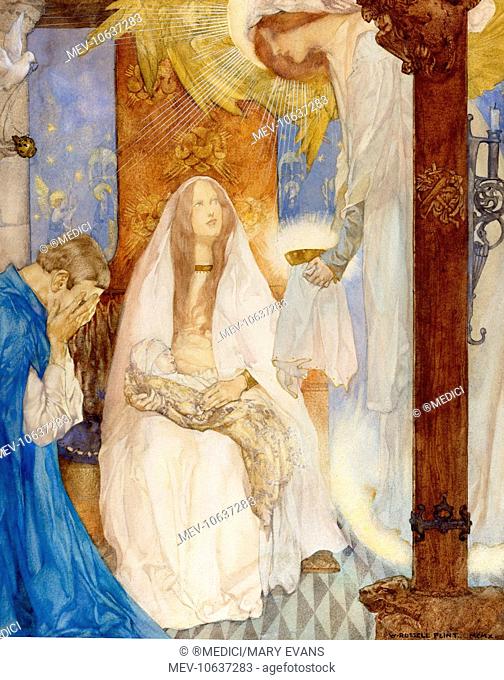 And a maiden bare that Sangreal, and she said openly: Wit you well, Sir Bors, that this child is Galahad (pencil and watercolour 11.25 x 9 in)