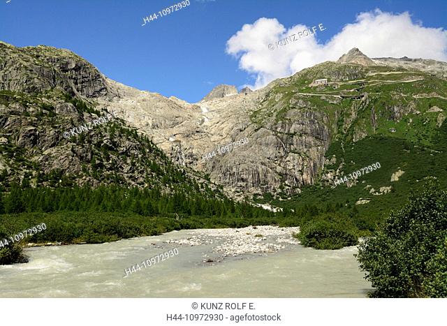 River, Rhone, Rotten, source of the Rhone, rock faces, Furka pass, Hotel, Belevedere, Gletsch, Goms, Alps, Canton, Valais, Switzerland, Europe