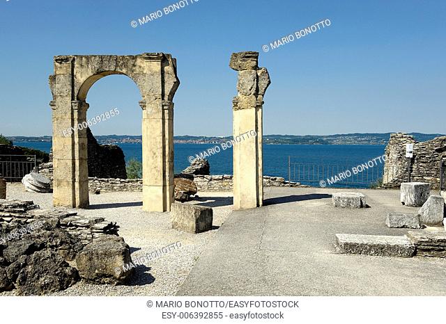 Sirmione (Bs), Lake Garda, Italy, the Roman villa knows as Villa Catulliana or ""Grotte di Catllus"", the 1st century BC, the columns of cryptoporticus