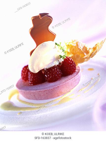 Raspberry mousse with raspberries & lavender ice cream