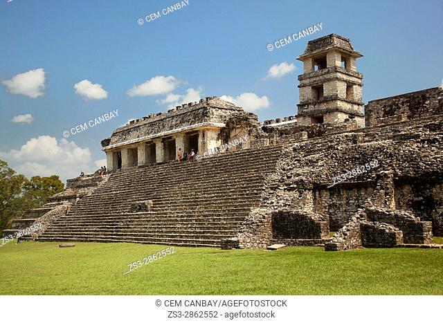 Visitors at the stairs in front of the Palace-El Palacio in Palenque Archaeological Site, Palenque, Chiapas State, Mexico, Central America