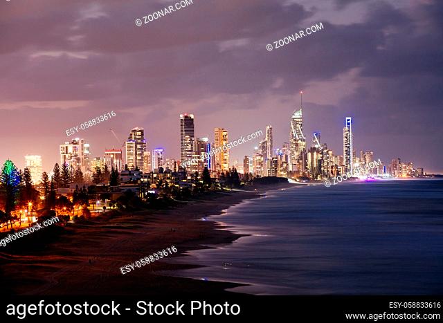A view of Broadbeach and Surfers Paradise at dusk from Mick Schamburg Park Lookout in Miami, Queensland, Australia