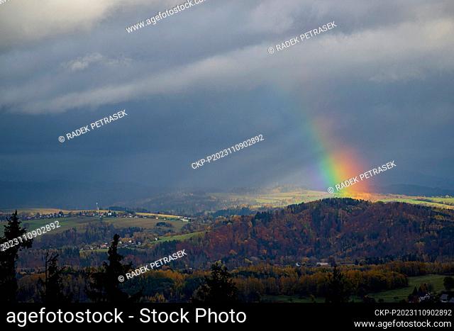 Observation tower Hamstejn in Koberovy, Czech Republic, November 9, 2023. Pictured Rainbow - view from observation tower Hamstejn