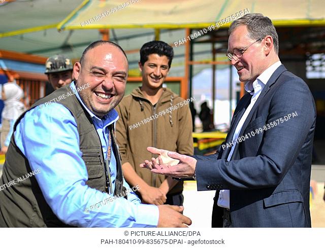 10 April 2018,  Amman, Jordan: German President of the Bundesrat Michael Mueller of the Social Democratic Party (SPD) visits the refugee camp Al-Asrak and...