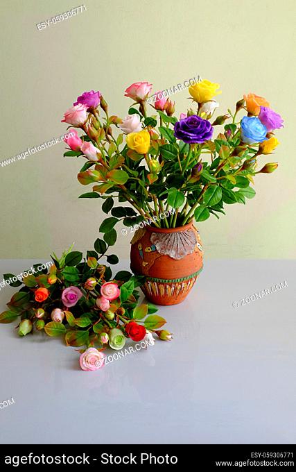 Wonderful vase of rose from clay, colorful roses very beautiful, Vietnam art and craft product as artificial flowers is popular for home decor