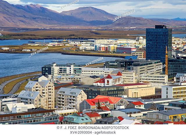 Aerieal views of Reykjavik city centre from Hallgrimskirkja Cathedral tower view point, Reykjavik, Iceland