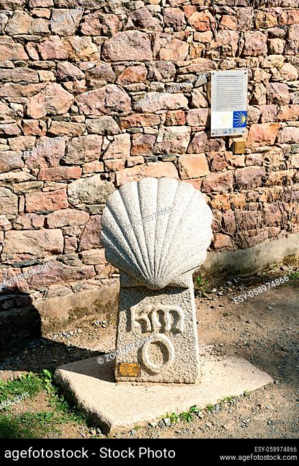 Paimpol, Cotes-d'Armor / France - 20 August 2019: the start of the Camino Breton pilgrimage at Beauport Abbey in Brittany with shell symbol