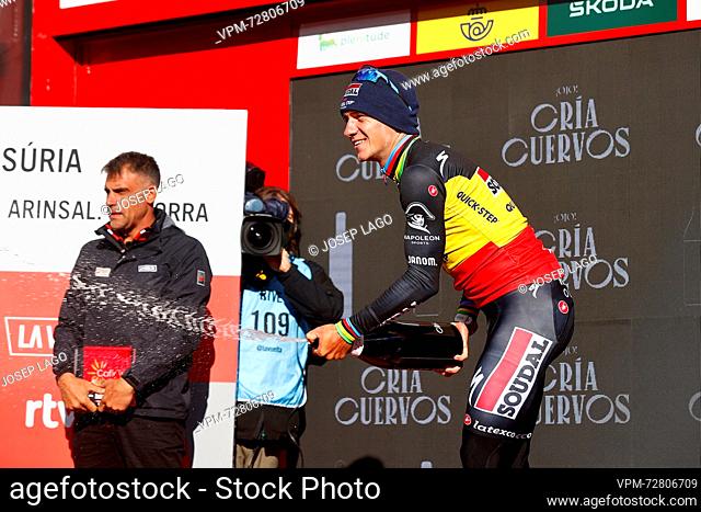 Belgian Remco Evenepoel of Soudal Quick-Step celebrates on the podium after winning stage 3 of the 2023 edition of the 'Vuelta a Espana'