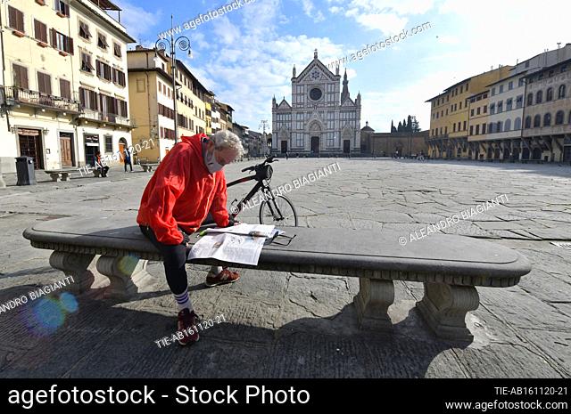 First day of the Red zone in Florence, very few people in Santa Croce square , Florence, ITALY-15-11-2020
