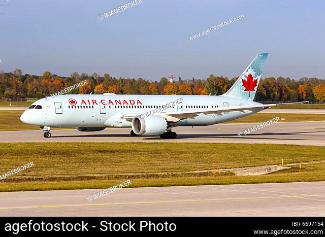 An Air Canada Boeing 787-8 Dreamliner aircraft with registration number C-GHQQ at Munich Airport, Germany, Europe