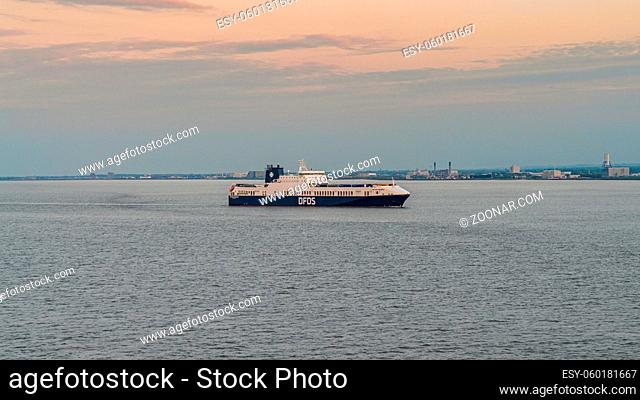 Near Immingham, North Lincolnshire, England, UK - May 22, 2019: A DFDS cargo ferry on the way to Immingham, seen from the River Humber