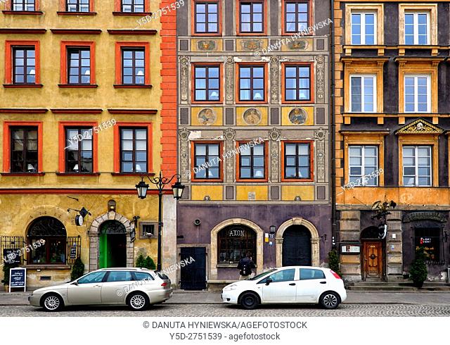 Facades of townhouses, Old Town Market Place, Zakrzewskiego side - Strona Zakrzewskiego, Old Town, UNESCO World Heritage Site, Poland, Warsaw, Poland, Europe