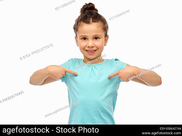 happy smiling girl pointing fingers to herself