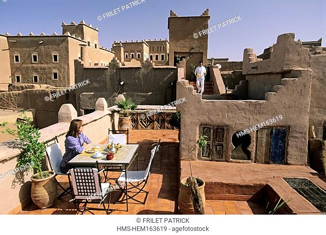 Morocco, Ouarzazate, Taourirt Kasbah, Dar Kamar Hotel, breakfast on the terrace