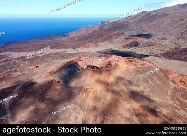 Amazing aerial view of a volcanic crater in El Hierro island, Canary Islands, Spain. High quality photo