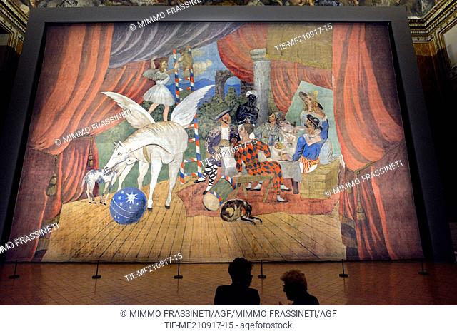 Press preview of the curtain by Picasso created for the ballet ""Parade"" by Jean Cocteau and Sergej Djagilev, Pietro da Cortona Room of Palazzo Barberini