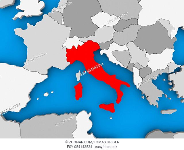 Italy in red on political map. 3D illustration