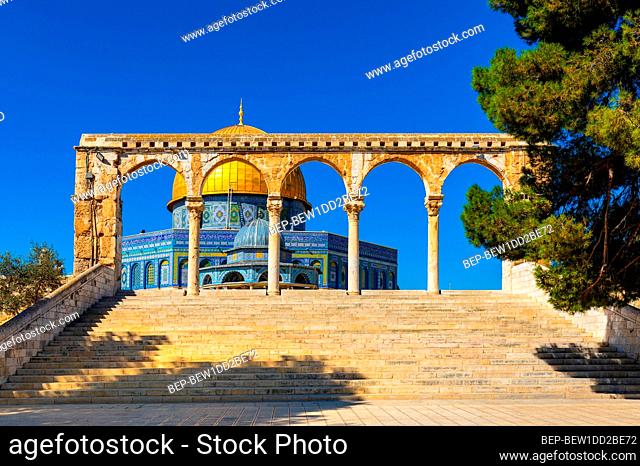 Jerusalem, Israel - October 12, 2017: Temple Mount with gateway arches leading to Dome of the Rock Islamic monument and Dome of the Chain shrine in Jerusalem...