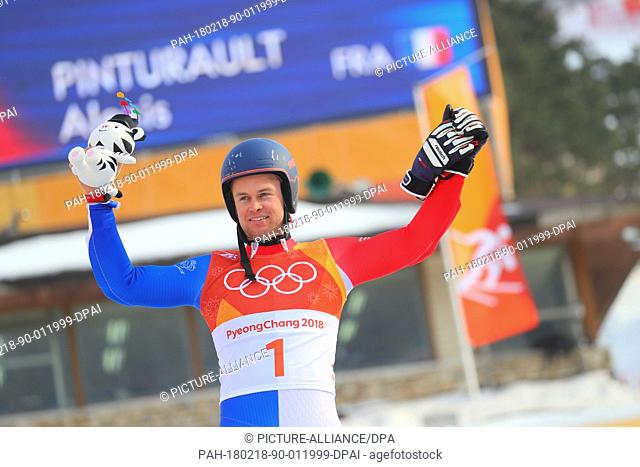 18 February 2018, South Korea, Pyeongchang, Olympics, Alpine Skiing, Giant slalom, men, 1st heat, Yongpyong Alpine centre: Alexis Pinturault of France (bronze)...