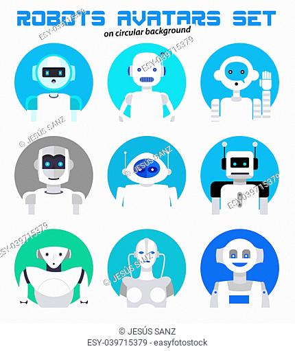 Varied set of robots faces and heads for used as characters avatars. Imaginative and friendly colourful collection of happy andorids to give a fresh and...