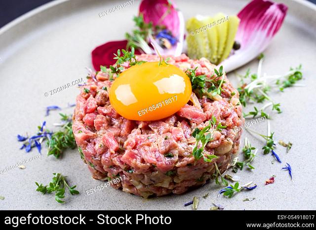 Gourmet tartar raw from beef fillet with yellow of the egg and vegetable as closeup on modern design dish