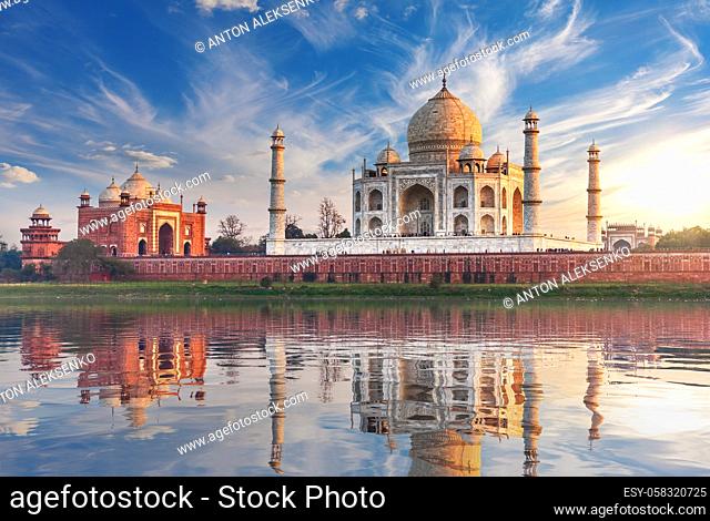 Taj Mahal at sunset, back view from the Yamuna river, Agra, India