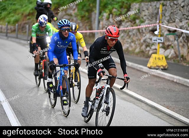 Belgian Wout Van Aert of Team Jumbo-Visma, Britain's Simon Yates of BikeExchange-Jayco and Colombian Nairo Quintana of Arkea-Samsic pictured in action during...