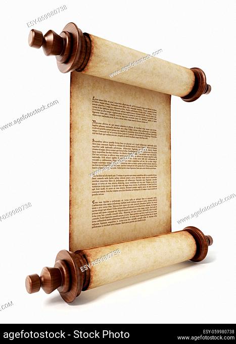 Old scroll with lorem ipsum text isolated on white background. 3D illustration