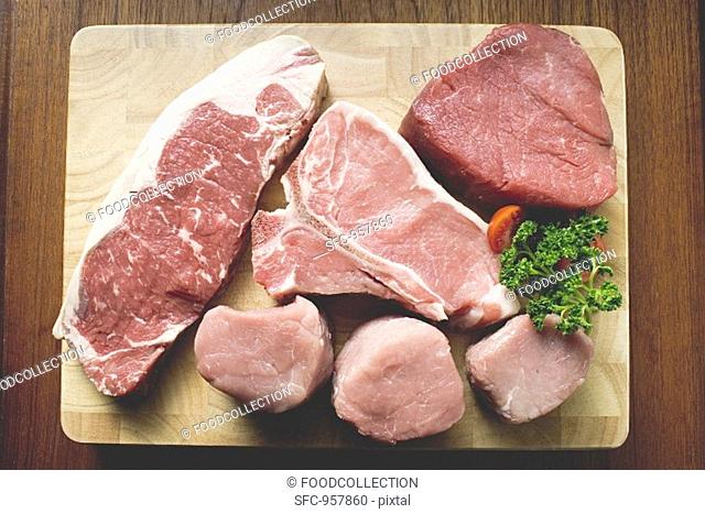 Various types of beef steak and pork fillets