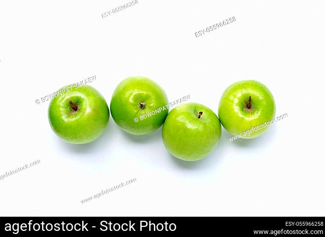 Green apples on white background. Copy space